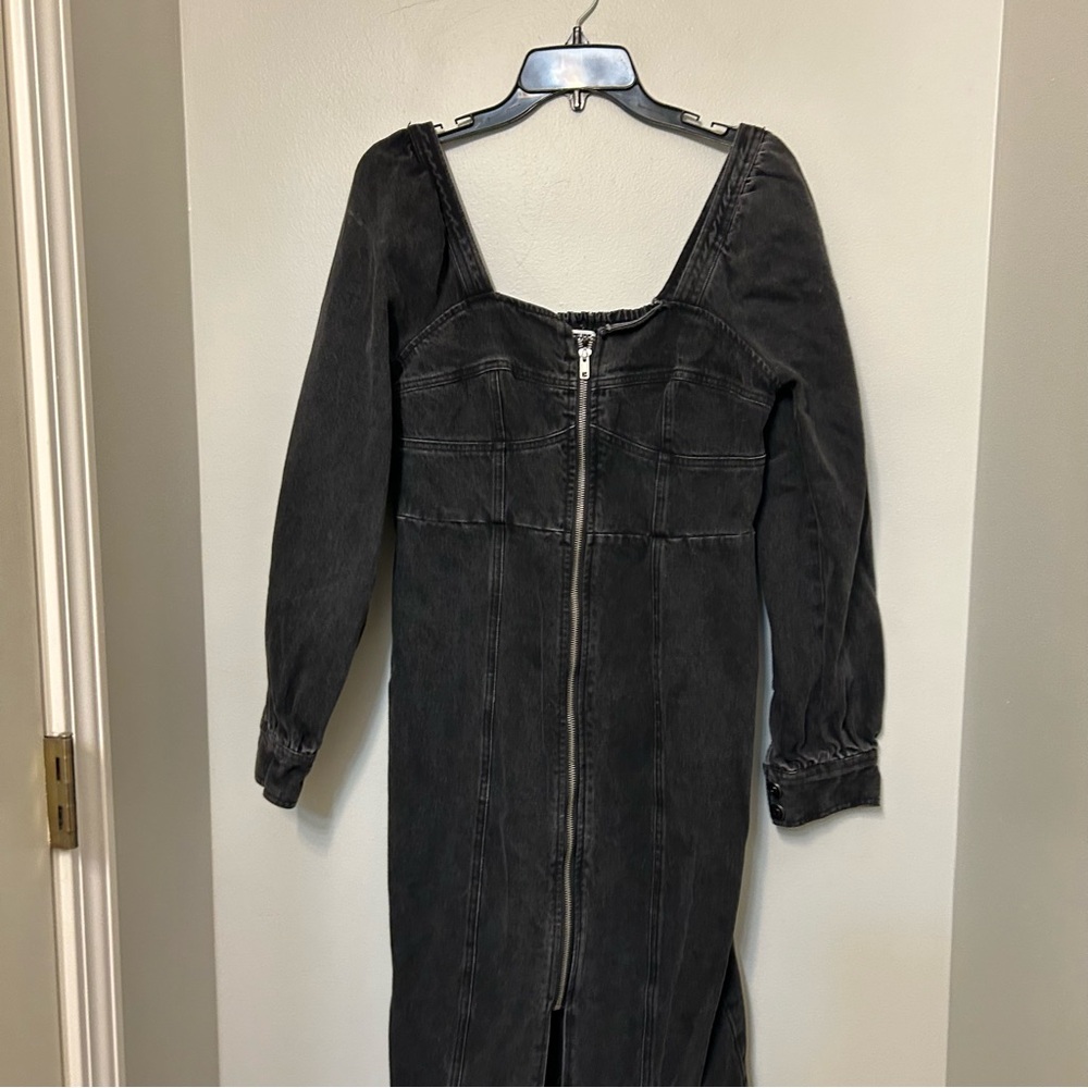 Future Collective Womens Washed Black Denim Zip Front Long Sleeve Midi Dress 8 - Picture 3 of 11